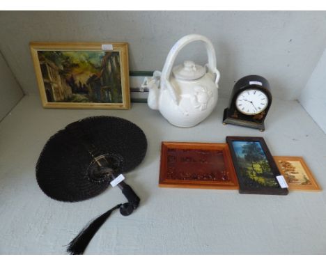 Victorian style ebonised mantle clock; decorative style Chinese teapot & various pictures PLEASE ALWAYS CHECK CONDITION PRIOR