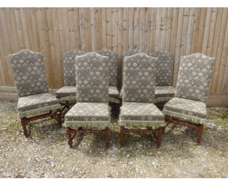 8 high back, fully upholstered, dining chairs in tapestry style leaf design material PLEASE ALWAYS CHECK CONDITION PRIOR TO B