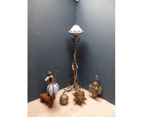 Edwardian standard oil lamp converted to electric & 3 Moroccan style ceiling lamps & table lamp PLEASE ALWAYS CHECK CONDITION