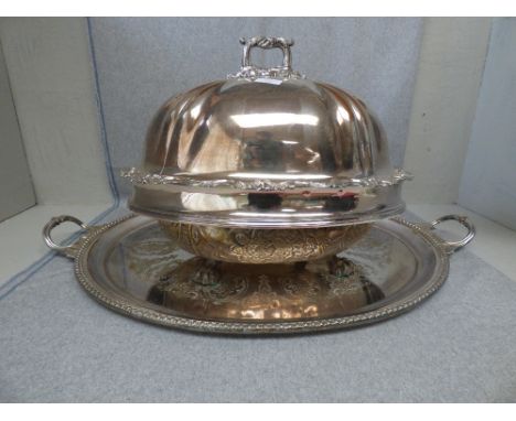 Large Victorian electroplated two handled tray, 78L cm, a Sheffield plate oval meat dish cover, 46L cm, and an oval planter w