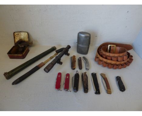 Qty of various penknives, leather cartridge belt, hip flask & telescopic sight etc. PLEASE ALWAYS CHECK CONDITION PRIOR TO BI