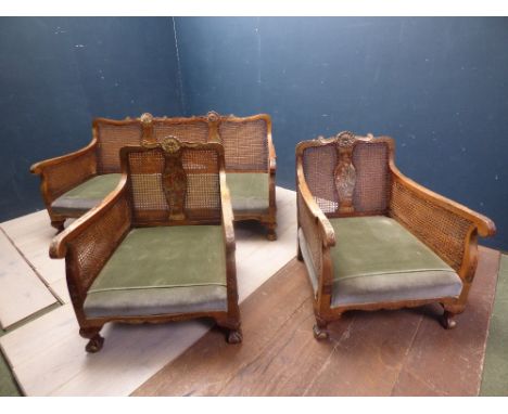 Edwardian Bergere suite of 3 seater sofa & 2 armchairs with oriental  decoration scenes PLEASE ALWAYS CHECK CONDITION PRIOR T