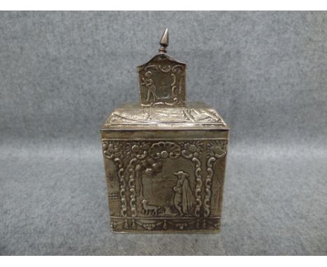 Late Victorian silver tea caddy, Sheffield, import mark for 1894, sponsor 'S.B.L' and pseudo marks, embossed with rustic figu