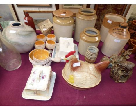 'Morland & Co., Abingdon' stoneware flagon, 2 ceramic lidded cheese dishes, a lidded egg bowl fashioned as a chicken and sund