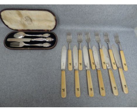 Set of six silver fish knives and forks, maker 'C. B. & S' Sheffield 1936, the silver blades and tines to crested ivory handl