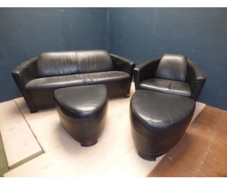 Contemporary black leather 2 seater sofa with matching armchair & 2 footstools PLEASE ALWAYS CHECK CONDITION PRIOR TO BIDDING