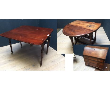 C19th mahogany Pembroke table, C18th and later oak drop leaf gate leg  dining table & an Edwardian inlaid mahogany bureau PLE