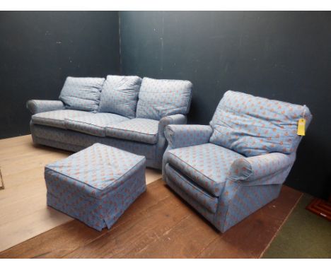 Modern 3 seater sofa, armchair & footstool in blue fabric PLEASE ALWAYS CHECK CONDITION PRIOR TO BIDDING