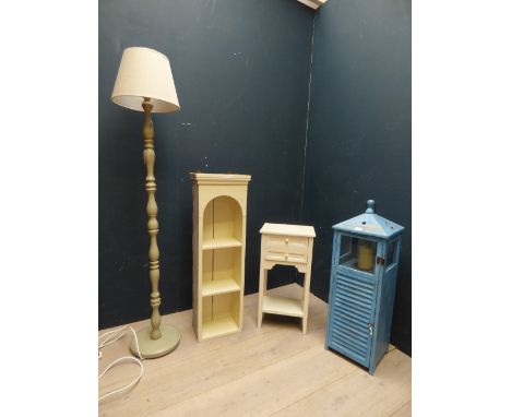 Decorative bedside table, standard lamp & wall unit & painted candle lantern PLEASE ALWAYS CHECK CONDITION PRIOR TO BIDDING