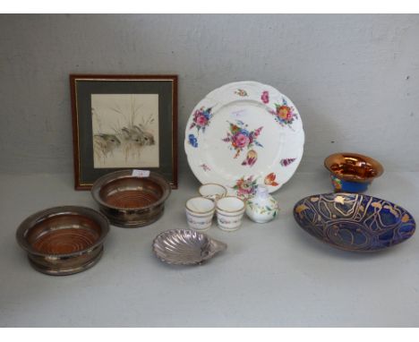 Pair of silver plated decanter coasters, a plated shell shaped butter dish, a gold lustre bowl decorated with flowers & sundr