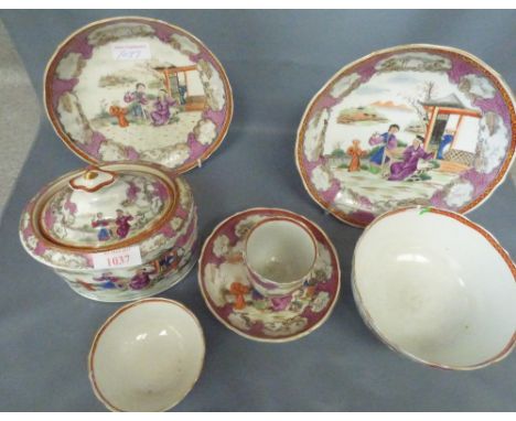 Qty of Chinese plates, bowls, & caddy, with borders of pink and orange pattern, depicting Chinese figures in landscape PLEASE