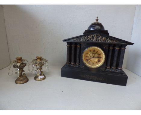 French slate mantle clock & pair of candlesticks PLEASE ALWAYS CHECK CONDITION PRIOR TO BIDDING