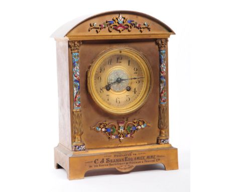 Japy Freres - A late 19th century / early 20th century French brass and enamel mantel clock. The brass case with enamel decor