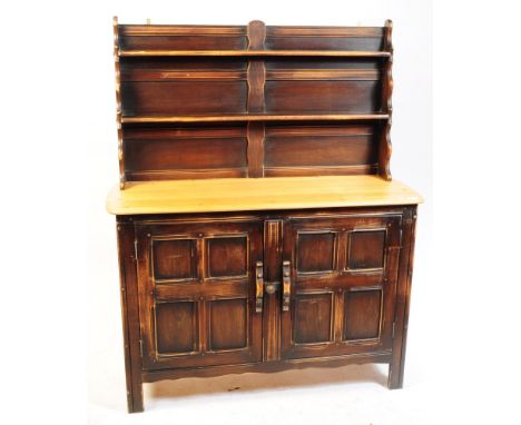 Ercol - Old Colonial - A retro mid 20th Century dark elm wood Ercol old colonial side / high board dresser. Having a removeab