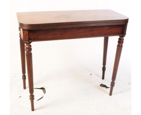 George III mahogany fold over games / card table. Rectangular form, raised on reeded legs. AF.73x87x43cm approx