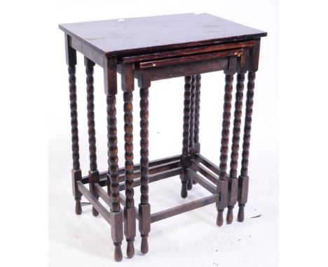 19th century Victorian William &amp; Mary revival ebonised black nest of tables. Raised on bobbin turned legs united by stret