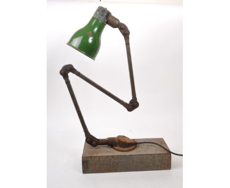 Early 20th century Industrial factory anglepoise lamp / light. Heavy block base with adjustable metal stem finished with a gr