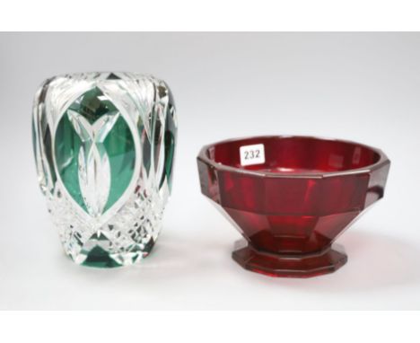 A ruby glass bowl and an overlaid green vase