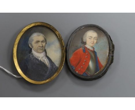 19th century English School, gouache on ivory, two oval portrait miniatures on ivory of gentlemen 6 x 4.75cm