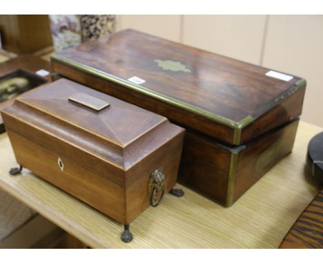 A Victorian rosewood writing slope and a tea caddy