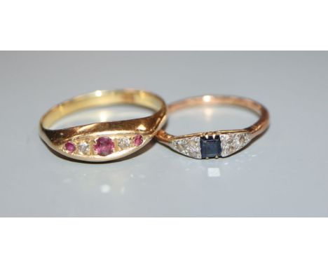 Two 18ct gold and gem set rings, including ruby and diamond and sapphire and diamond.