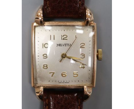 A gentleman's stylish 14k Helvetia manual wind wrist watch, with square Arabic dial and raised lugs, on later associated stra