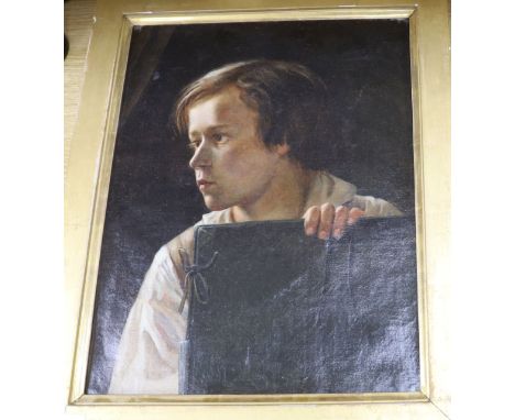 Late 19th century French School, oil on canvas, Portrait of a young boy holding a folio 46 x 36cm