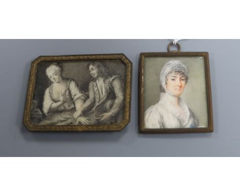 Attributed to Carl Gustav Klingstedt (Swedish, 1657-1734), grisaille miniature on ivory and a 19th century German portrait mi