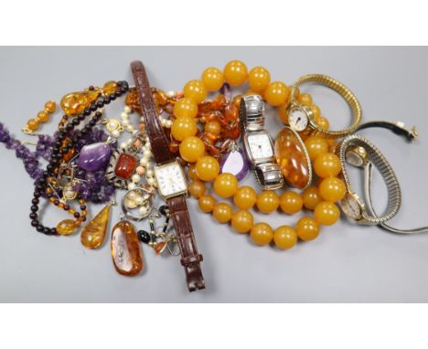 Mixed jewellery including amber, amethyst etc and a group of lady's wrist watches.