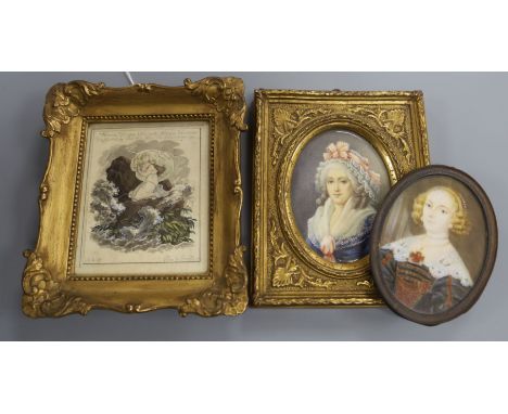 Two 19th century German or Austrian oval portrait miniatures on ivory of ladies and a Viennese 'friendship' watercolour (3)