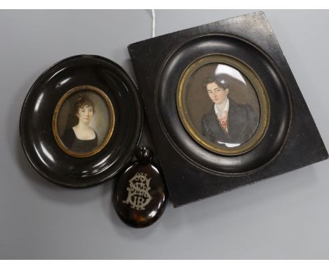 German School, 19th century, two oval portrait miniatures on ivory, the gentleman inscribed verso ' 1831 Mainz Otto J. ..Corv