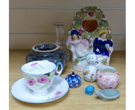   A group of ceramics including a Shelley cup and saucer, a Staffordshire flatback, a Wedgwood miniature bowl etc.