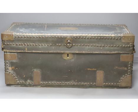   A 19th century Indo colonial leather and brass mounted travelling trunk, length 54cm, camphor wood lined
