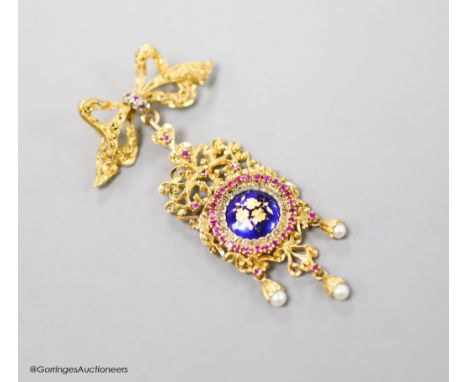   An early 1960's 18ct gold, ruby seed pearl and enamel set drop pendant, suspended from a ribbon bow brooch, import marks fo