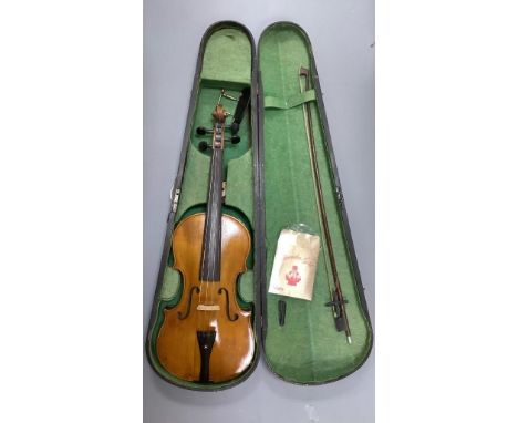   An early 20th century violin, unlabelled case, with bow, length 60cmUnmarked