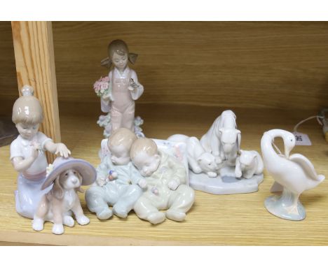   Five Lladro figures, comprising 'An Elegant Touch', 'Spring', 'Little Dreamers', 'Bearly Love' and a goose