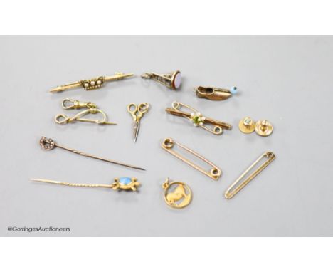   A small collection of stick pins, 'ladder and key' fob seal, bar brooches and charms etc. including 15ct and seed pearl cor