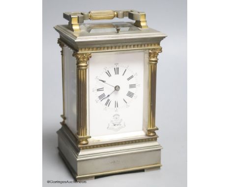   A silvered and gilt brass Corinthian pattern carriage clock, height 17cm