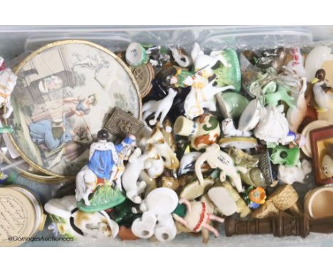   A collection of miniature ceramic and glass figures and animals, treen, enamel patch boxes, souvenirs and curios,including 