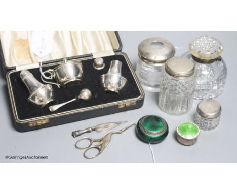   A collection of silver and plated items, including a Norwegian silver and guilloche enamel circular snuff box by David Ande