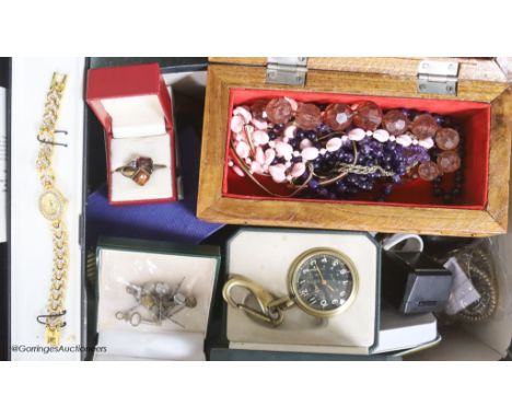   A mixed collection of vintage costume, silver and other jewellery, mixed wristwatches, yellow metal spectacle frames, Chine