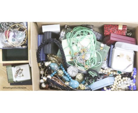   A mixed collection of vintage costume, silver and other jewellery, mixed wristwatches, yellow metal spectacle frames, to in