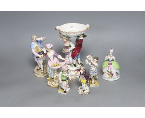   A collection of Meissen and Continental porcelain figures,including a 19th century Meissen Shepherdess, modelled playing a 