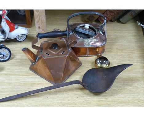   Two copper kettles, a beer slipper, iron ladle and a bull's eye lens