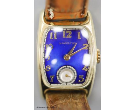   A gentleman's 1930's 14k gold filled Bulova manual wind wrist watch with blue enamel rectangular dial and subsidiary second