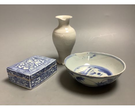   A 17th century Chinese blue and white bowl, 13cm diameter, a 19th century lidded box and a small damaged vase with Kangxi m