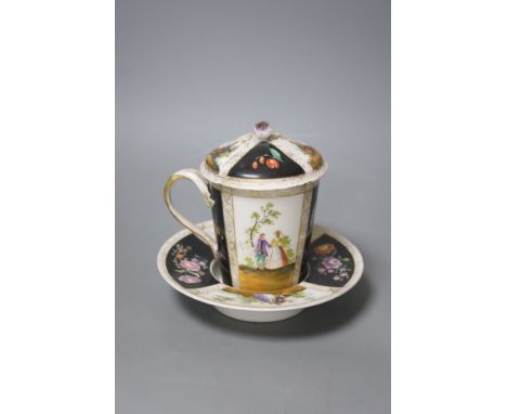   A late 19th century Dresden chocolate cup, cover and stand, overall height 15cm