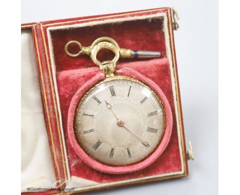  A Swiss cased 19th century engine turned yellow metal open face keywind fob watch, with silvered Roman dial,cased diameter 