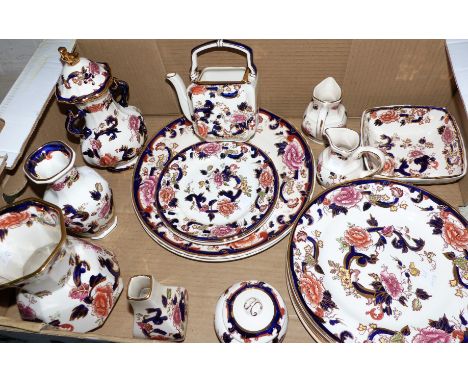 A collection of Mason's Mandalay china to include a covered vase; small teapot; cream jugs; plates; etc.