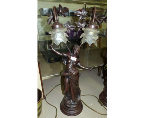 An Art Nouveau style large bronzed table lamp in the form of a young woman
